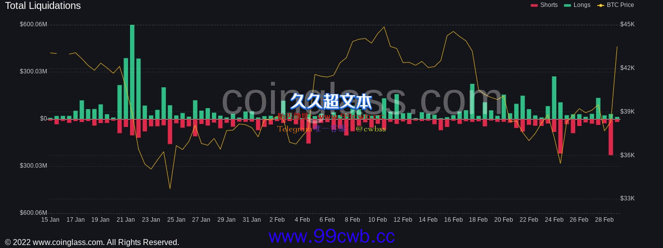 随着比特币飙升至4.4万美元，加密市场清算3亿美元插图1