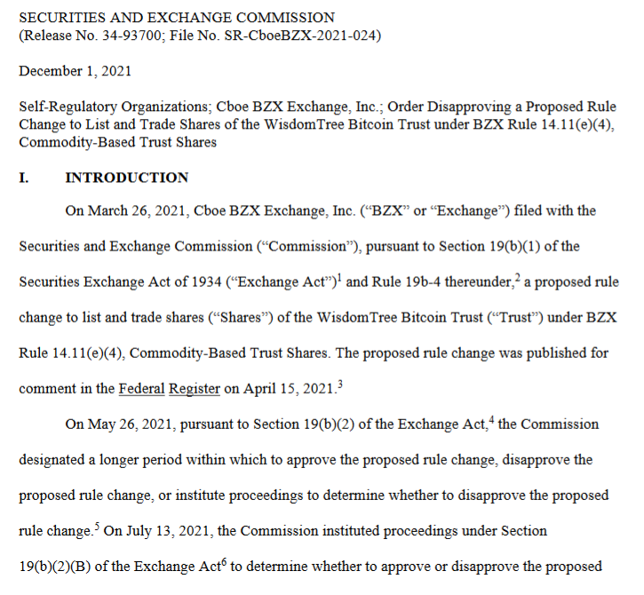 SEC驳回Wisdom Tree比特币现货ETF申请：无法自证防诈欺与操纵插图1