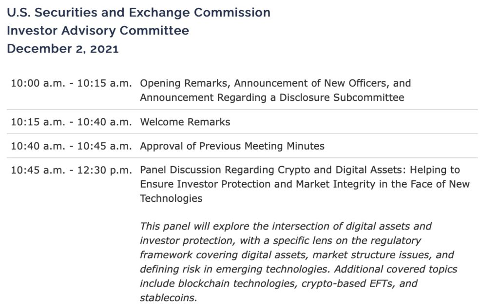 SEC 12/2将举办投资者咨询会议 探讨加密币监管、ETF、稳定币插图1