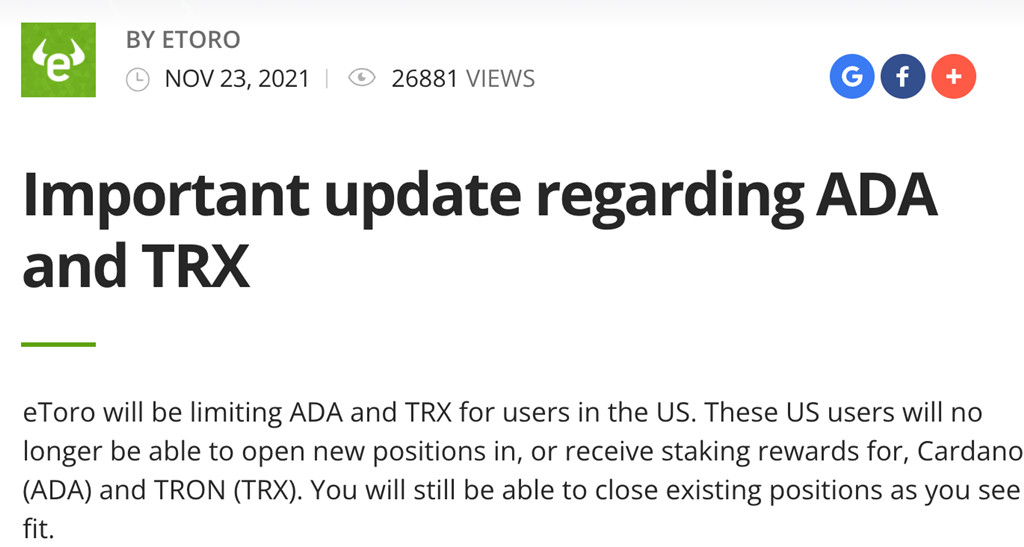 eToro宣布美国市场将下架ADA、TRX：出于监管环境考量插图1