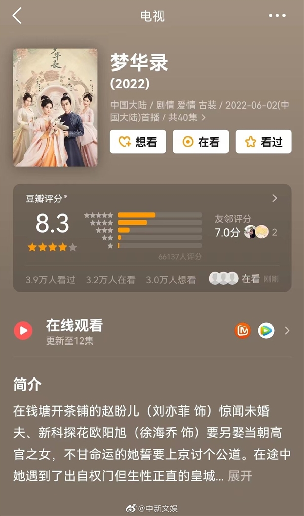 刘亦菲陈晓《梦华录》豆瓣开分8.3 口碑相当高：神仙姐姐三大美女演技厉害