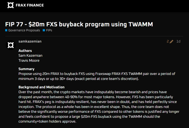 算稳Frax创始人提案2000万美元回购治理代币 FXS应声飙涨25%插图1