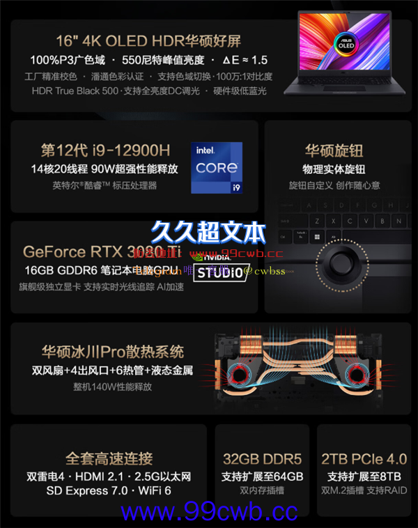 华硕创16极品笔记本升级：3080 Ti＋4K OLED卖到29999元