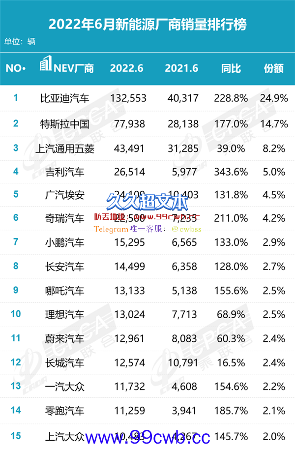 6月新能源销量排名：比亚迪和特斯拉的差距 原来这么大！插图