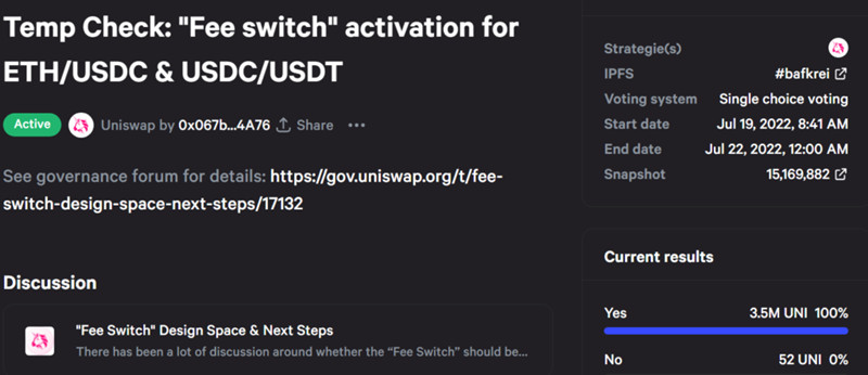 Uniswap提案开启UNI手续费开关获近100%支持 UNI单周涨41%插图1