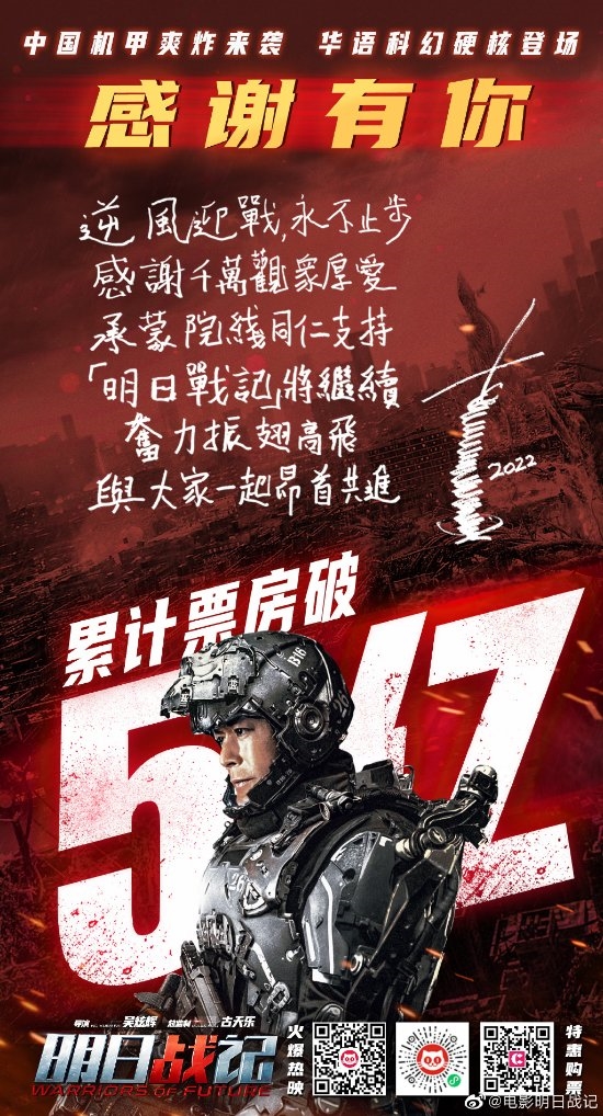 《明日战记》票房艰难突破5亿 古天乐手写感谢信