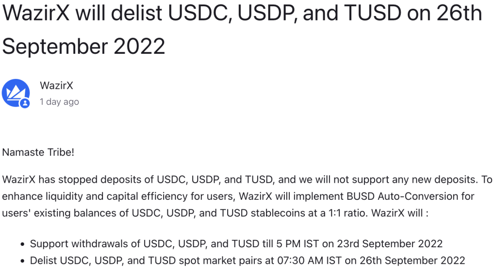 WazirX跟进币安BUSD政策：停止支持USDC、USDP、TUSD入金插图1