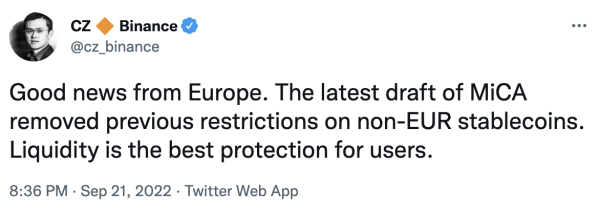 欧盟数字资产框架MiCA删除稳定币限制 币安赵长鹏：福音！插图1