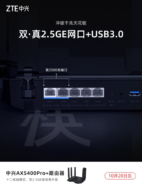 号称冲破千兆天花板！中兴路由AX5400 Pro+升级双2.5GE网口