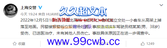 上海通报一小客车从高架坠下：驾驶员受伤 事发现场视频曝光