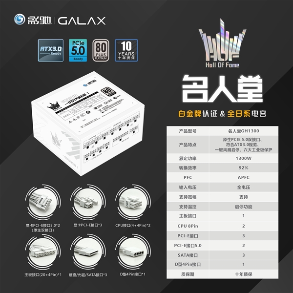 影驰发布名人堂1300W白金电源：理论显卡供电1200W