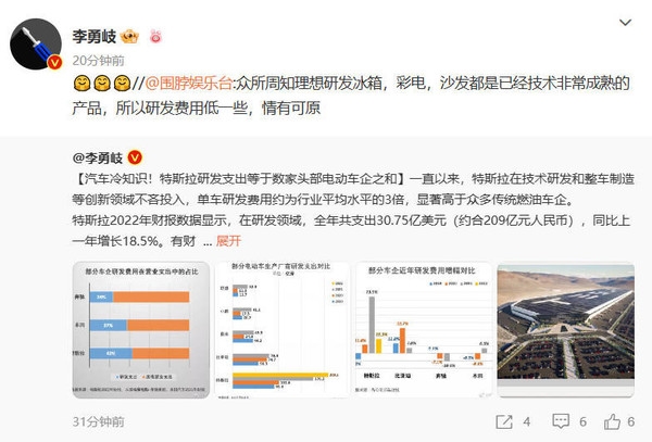 博主赞特斯拉研发支出巨大：比亚迪、奔驰、理想都比不过