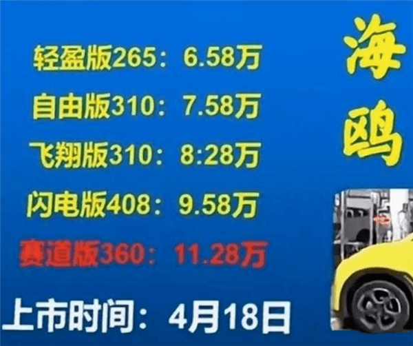 或6.58万起 疑似比亚迪海鸥售价曝光：最远能跑405km