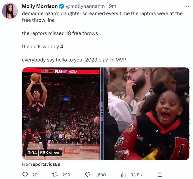 阿赞女儿登全美第一热搜！美媒：她是真的MVP 德罗赞23+7成绿叶插图3