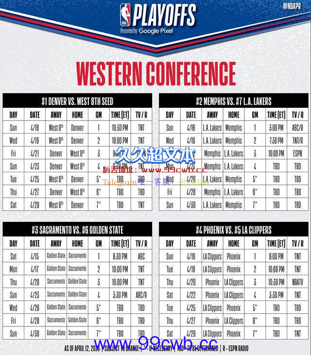 西部季后赛首轮赛程公布 16日勇士国王率先开战插图1